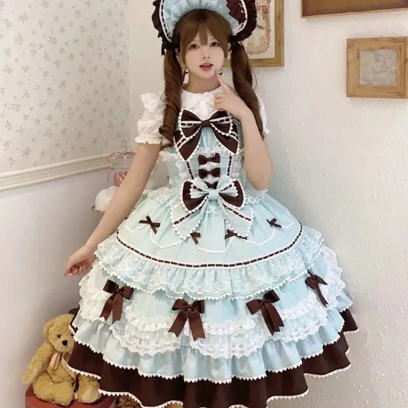 Y2K Sweet Lolita Jks Strap Dress Women Solid Ruffle Lace Bow Patchwork Kawaii Princess Ball Gown Knee-Length Elegant Party