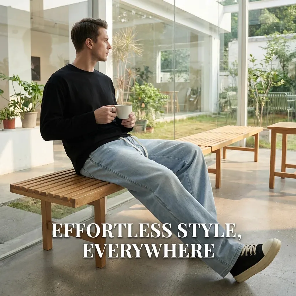 Men's Light Blue Elastic Waist Drawstring Loose Jeans Spring Summer Autumn Winter Versatile Comfortable Fit Casual Denim Pants