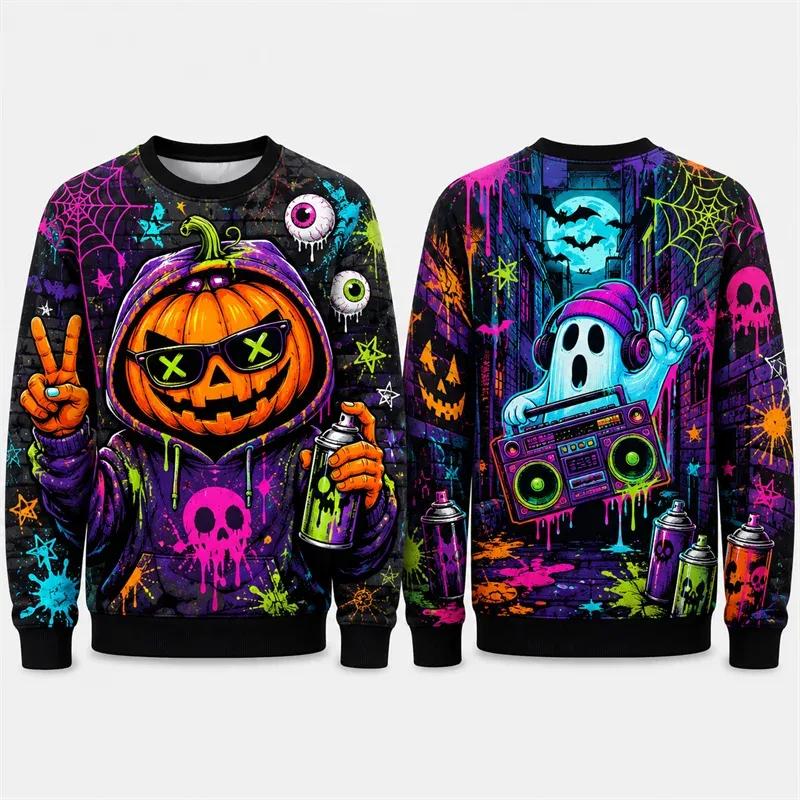 Pumpkin Ghost Graffiti Sweatshirt Halloween Mens 3D Print Polyester Crew Neck Long Sleeve Hip Hop Fashion Pullover Oversized Fit