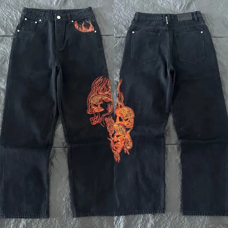 New DERSCHUTZE Unisex Jeans Loose Straight Leg Denim Pants Big Chinese Dragon Embroidery Retro Washed Black Street Trousers