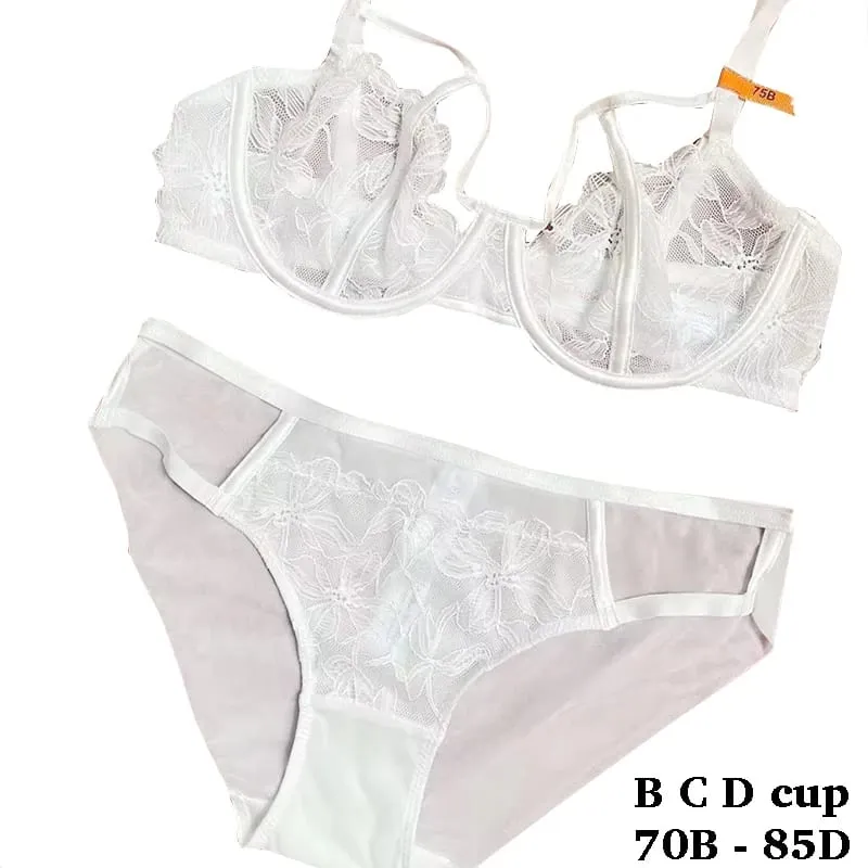 high quality sexy flower lace women bras and brief two piece set push up B C D cup wire summer lingerie underwear black white