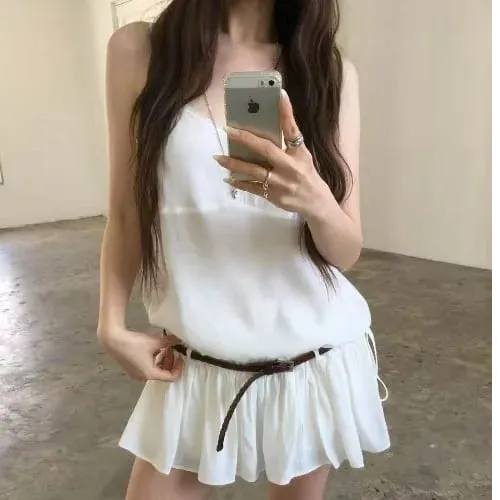 Summer 2026 Korean Style Sweet Skirt Waist Cinching Sexy Strapless Dress Fashionable Casual V-neck Loose Fit Maxi Dress