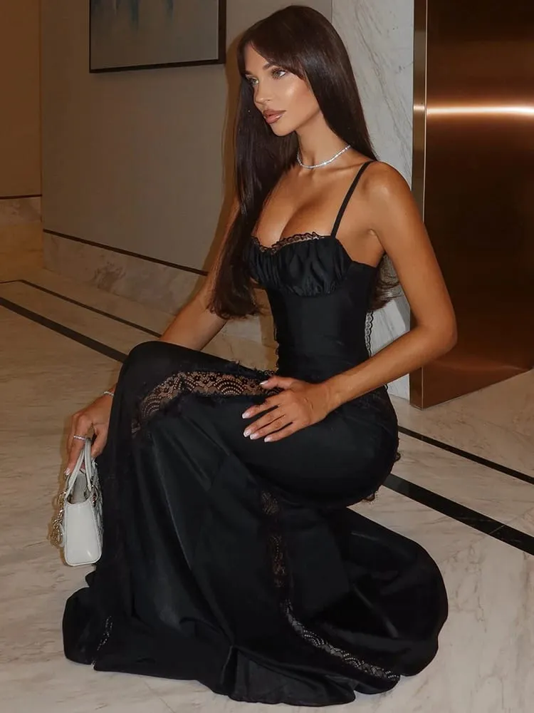 Mozision Spaghetti Strap Backless Sexy Maxi Dress Women Gown Lace Patchwork Sheer Sleeveless Bodycon Club Party Long Dress