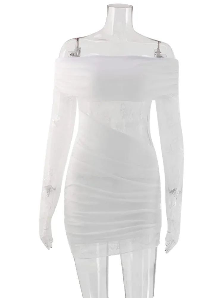 Šikmý výstřih Krajka Patchwork Hip Wrap Dámské Šaty Pochva s dlouhým rukávem Módní party outfity Solidní elegantní Hot Girl Sexy Club