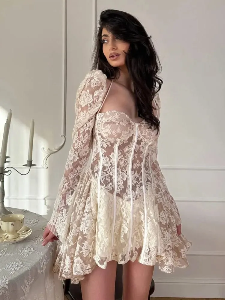 Sexy Lace Lace-up Fishbone Mini Dress Women's Backless Full Sleeve See Through A-line Vestido 2026 Lady Evening Party Gowns