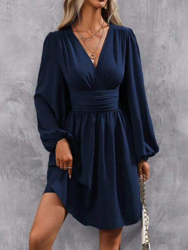 Dresses 2025 Woman Clothing V Neck Lantern Sleeve Wrap Mini Dress Ruched Waist Flowy Hem Elegant for Autumn and Party Styles