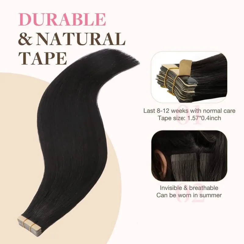 Straight Tape in Hair Extensions Human Hair Natural Black 20 Inch 50g 20pcs Skin Weft Seamless Tape in Real Remy Straight Hair for Women