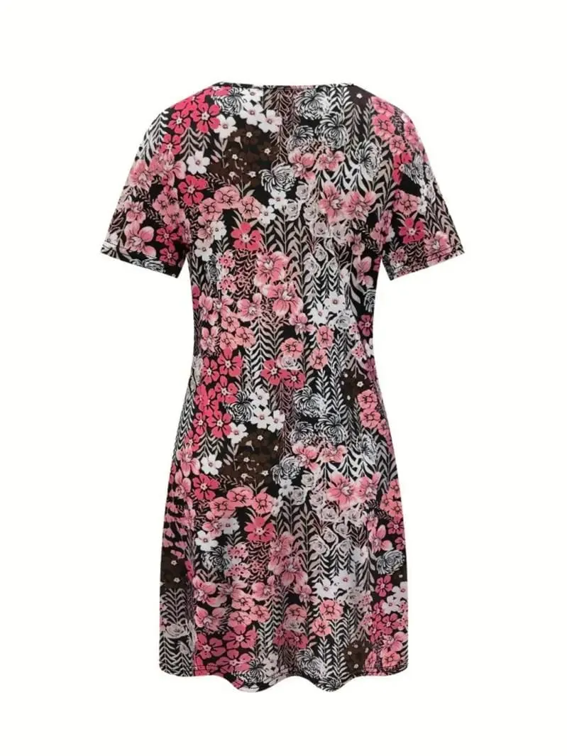 Fashionable Floral Dress Temperament round Neck Short Sleeve Loose Fit Women's Casual Dresses