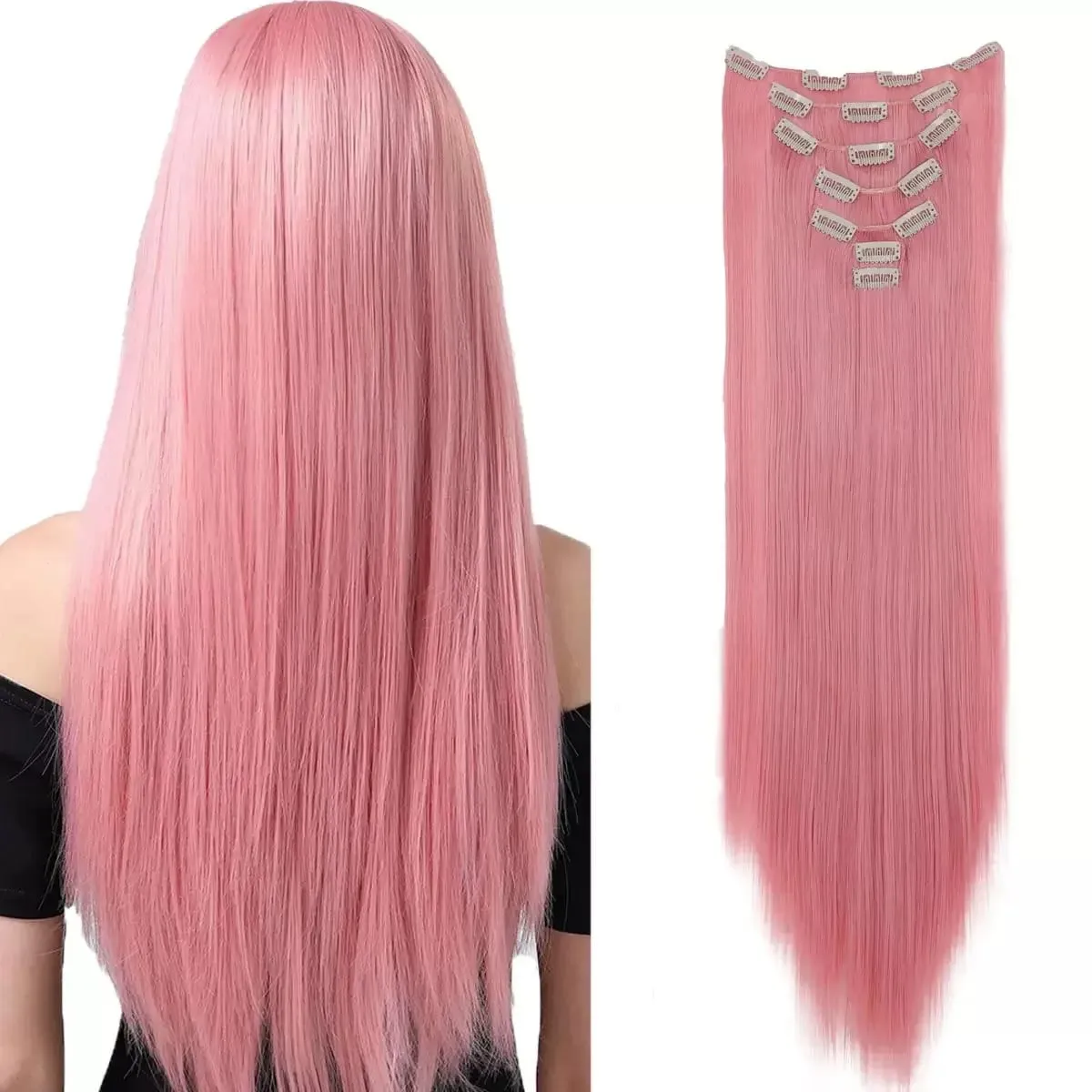 7 Clips In Hair Extensions Long Straight Hairstyle Pink 60CM Natural Synthetic Hair Daily Use Hairpiece For Women