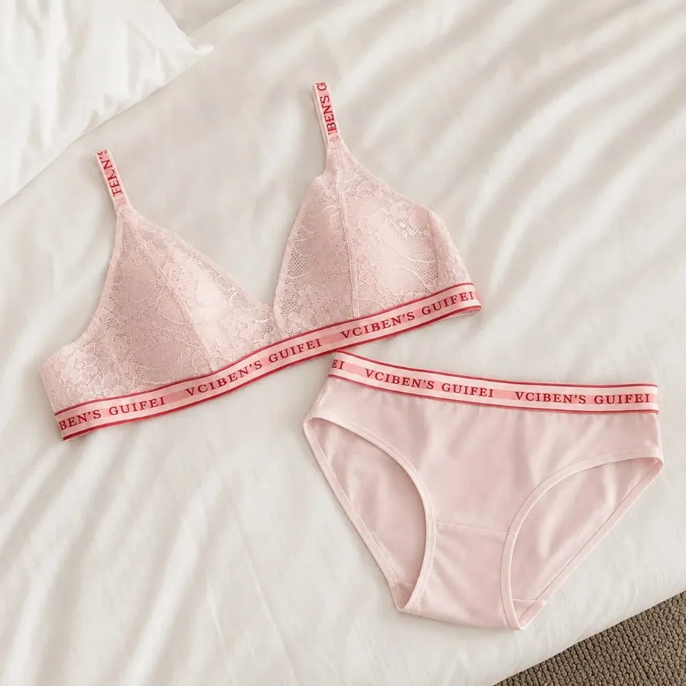Breathable Letter Design Lingerie Set Deep V Lace Women Underwear Suit Wireless Color Blocking Bra Panties Set Girl