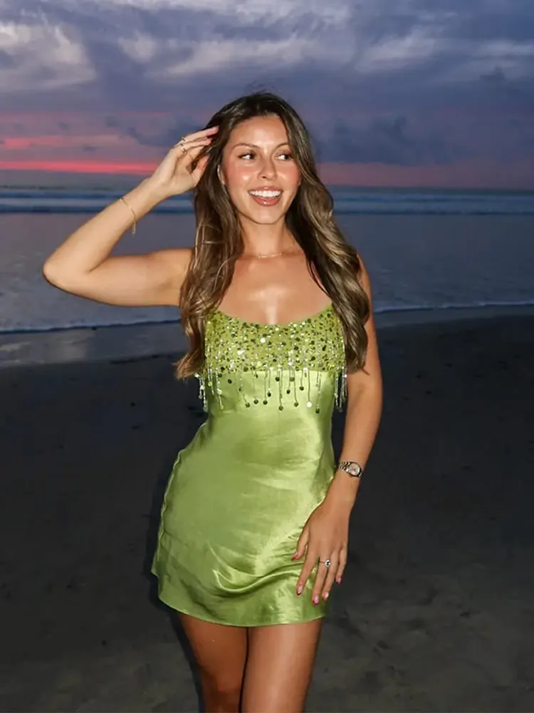Fashion Sequin Fringe Mini Dress Sexy Spaghetti Strap Satin Slip Dresses Cocktail Party Club Vestido 2026 New Y2k Women Clothing