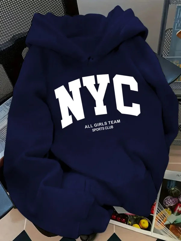 New Fall/Winter Comfortable Navy Blue New York Team Hoodie - Long Sleeve Couples' Street Style Hoodie Casual Pullover with POC