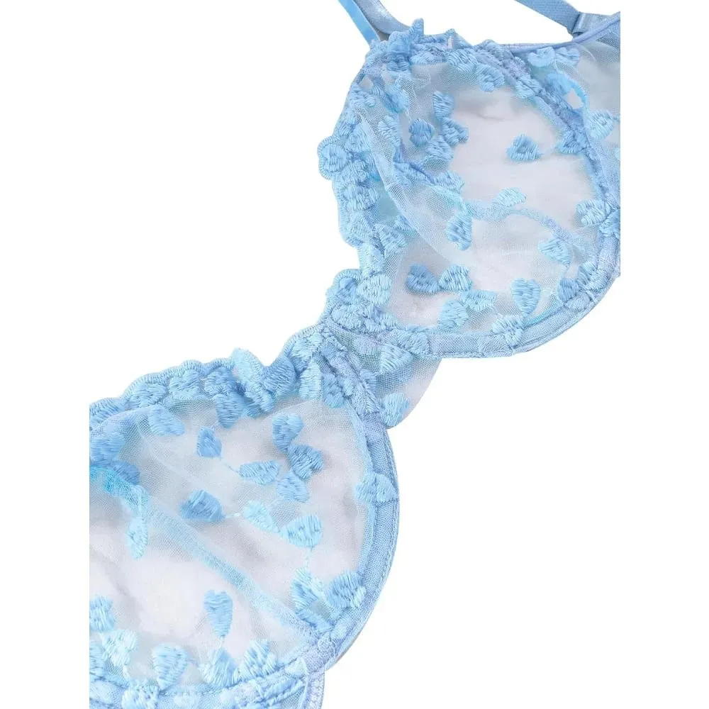 Women's Underwire Push-Up Sheer Lingerie Set – Strappy Embroidered Mesh Bra & Panty