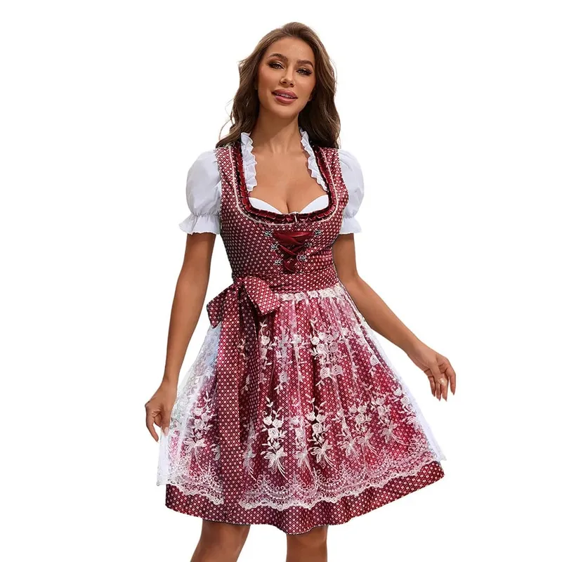 2025 Multicolor Munich Oktoberfest Dress for Women Bavarian Traditional Ethnic Print Beer Skirt with Top and Apron Maid Costume