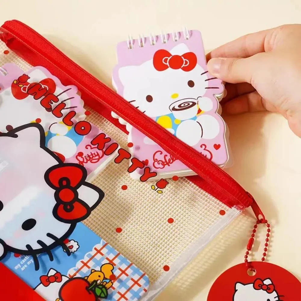 정품 Sanrio 헬로 키티 A5 메쉬 지퍼 주머니 귀여운 Kt 고양이 방수 PVC 문서 가방 학교 파일 펜 편지지 정리