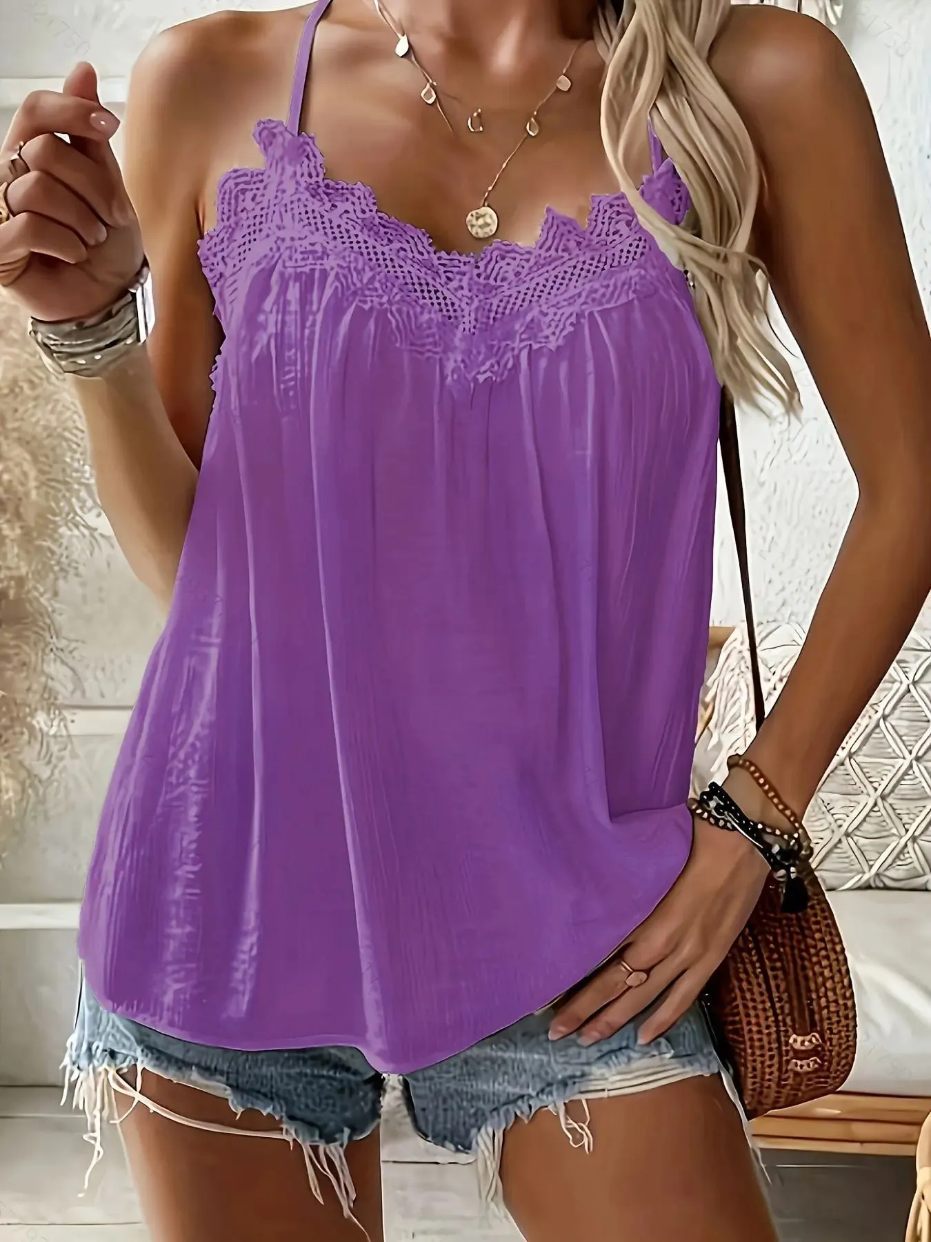 Lace Trim V-Neck Cami Top Summer Women's Casual Loose Pleated Sleeveless Tank Top