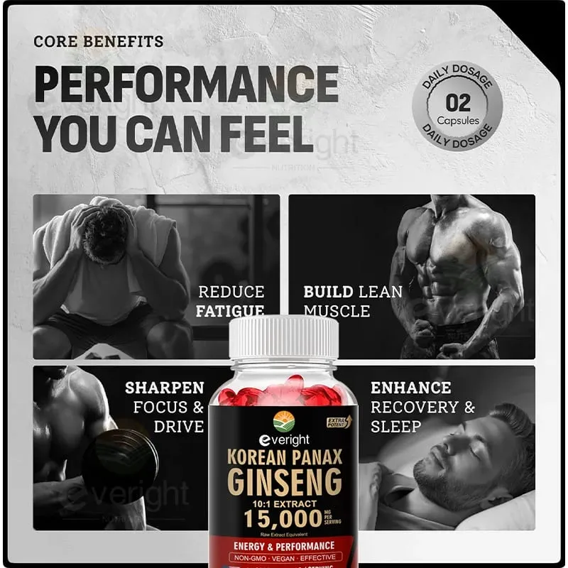 Korean Red Ginseng Capsules- 1500mg Natural High Strength for Men Vitality Energy Performance Focus Immune Health