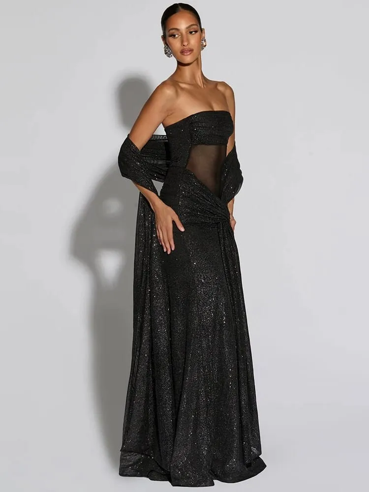 Mozision Sparkle Strapless Draped Sexy Maxi Dress Women Elegant Off-shoulder Sleeveless Backless Ruched Club Party Long Dress