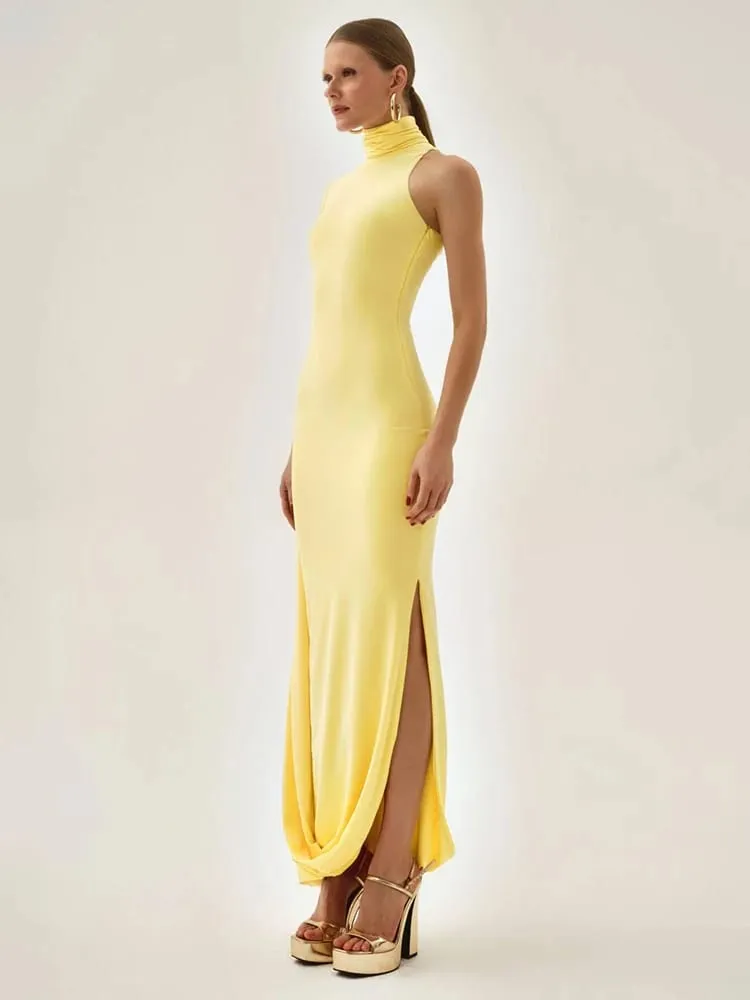 Blifanbo Split Turtleneck Sexy Maxi Dress Women Gown One-shoulder High Waist Bodycon Solid Fashion Club Party Long Dress Elegant