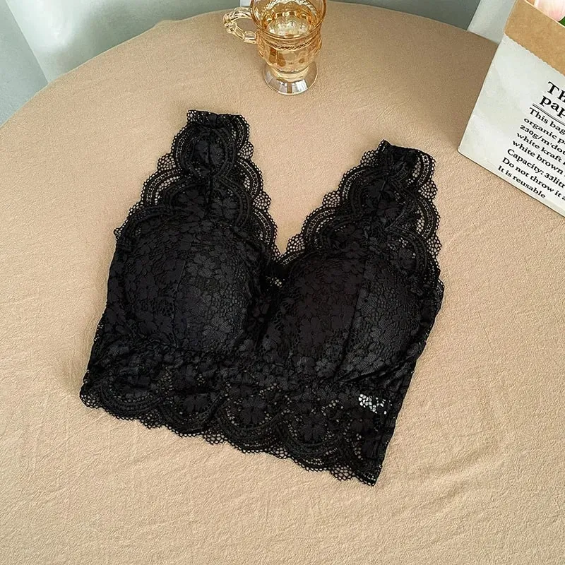 Reggiseno in pizzo Top con scollo a V profondo Bralette Reggiseno corto in pizzo da donna Lingerie sexy Reggiseno a canotta corto imbottito senza fili