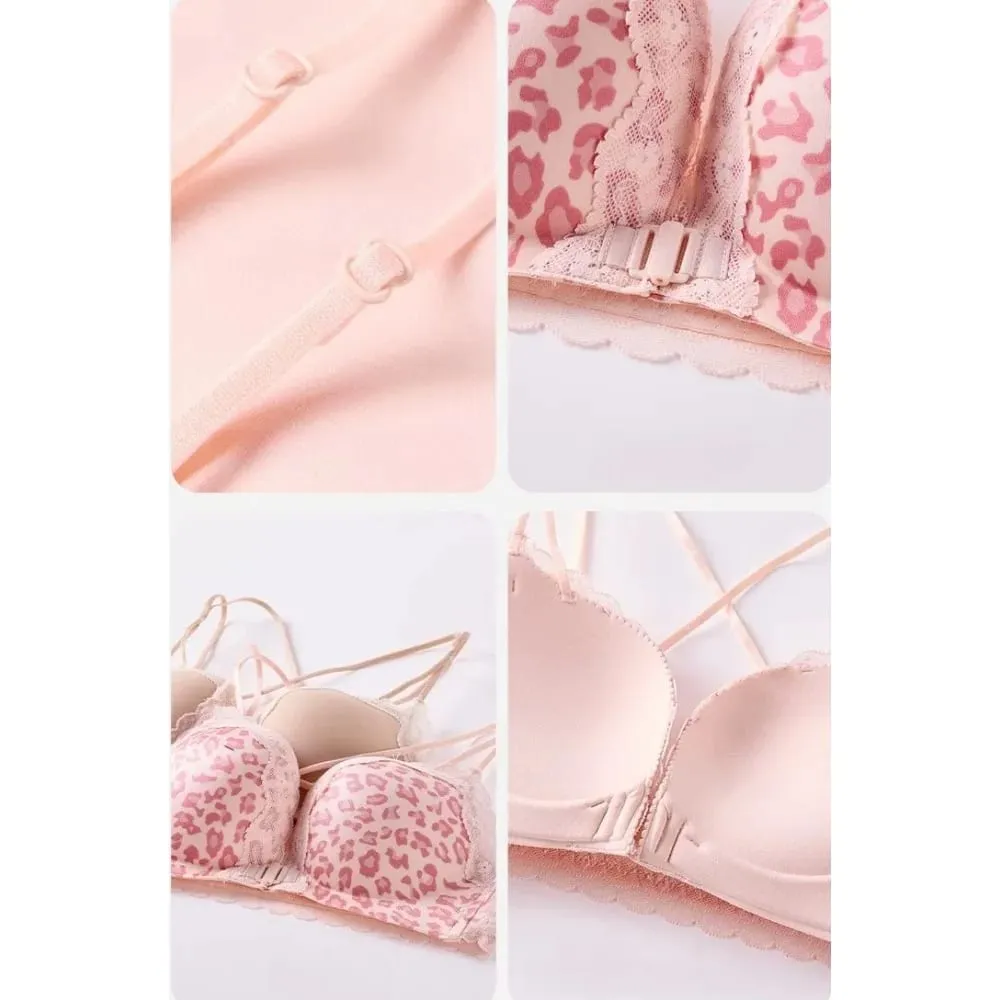Women Leopard Front Closure Push Up Bra Small Bust Anti Spill Side Support Sexy Back Brassiere Size 32-38ABC Daily Wear Lingerie
