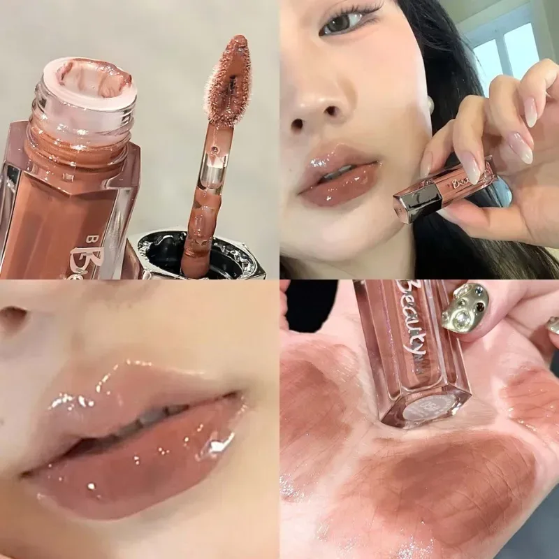 Hielo transparente marrón brillo de labios hidratante líquido brillante lápiz labial desnudo luz de agua espejo de cristal esmalte de labios maquillaje de larga duración