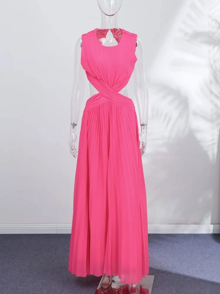 Hollow-out Pleated Maxi Dresses Women's Sleeveless Backless Waist-cinching O-neck Dress 2026 New Ladies Summer Vacation Outfit