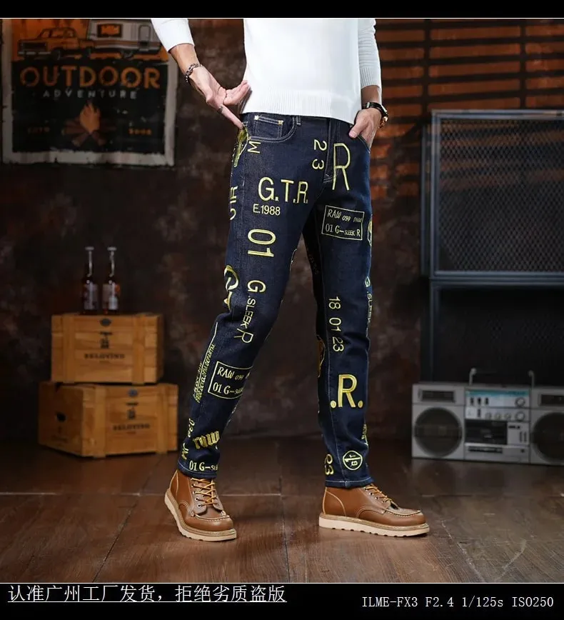 High end 2025 autumn new slim fit small leg pants for men personalized embroidery printed fashion trend jeans