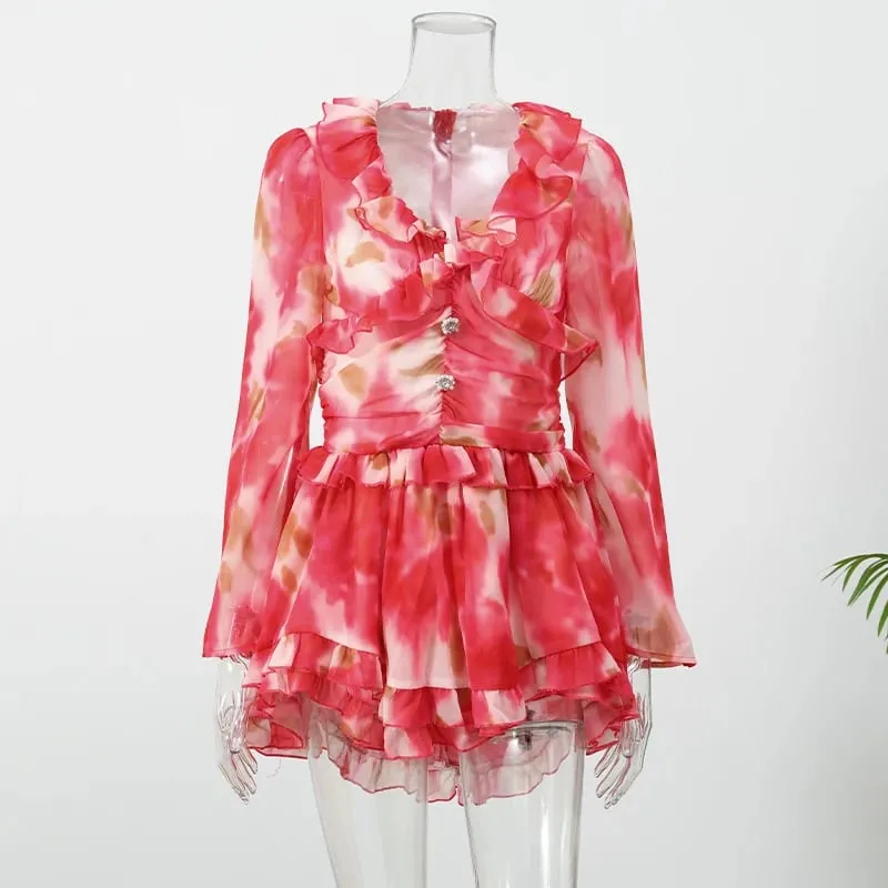 Women Elegant Floral A-line Pleated Dress Sexy Long-sleeved Waist Cinching Ruffle Mini Dresses 2026 Lady Vacation Street Gowns