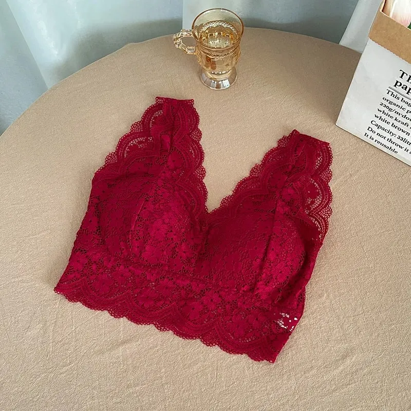 Reggiseno in pizzo Top con scollo a V profondo Bralette Reggiseno corto in pizzo da donna Lingerie sexy Reggiseno a canotta corto imbottito senza fili