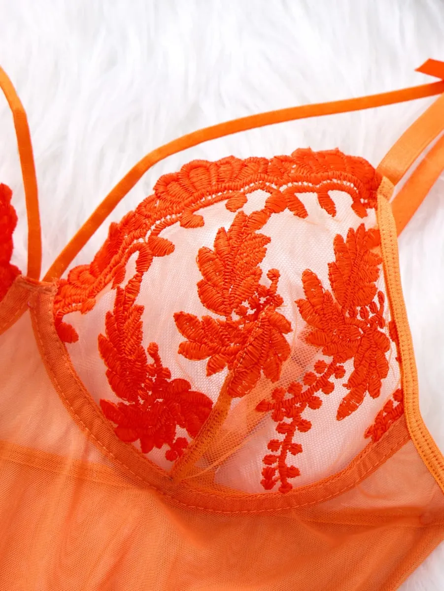 Women Orange Floral Embroidery Babydoll Nightgown Bow Strap Sheer Mesh Sleep Dress With Matching Thong Lingerie Set ZA825066