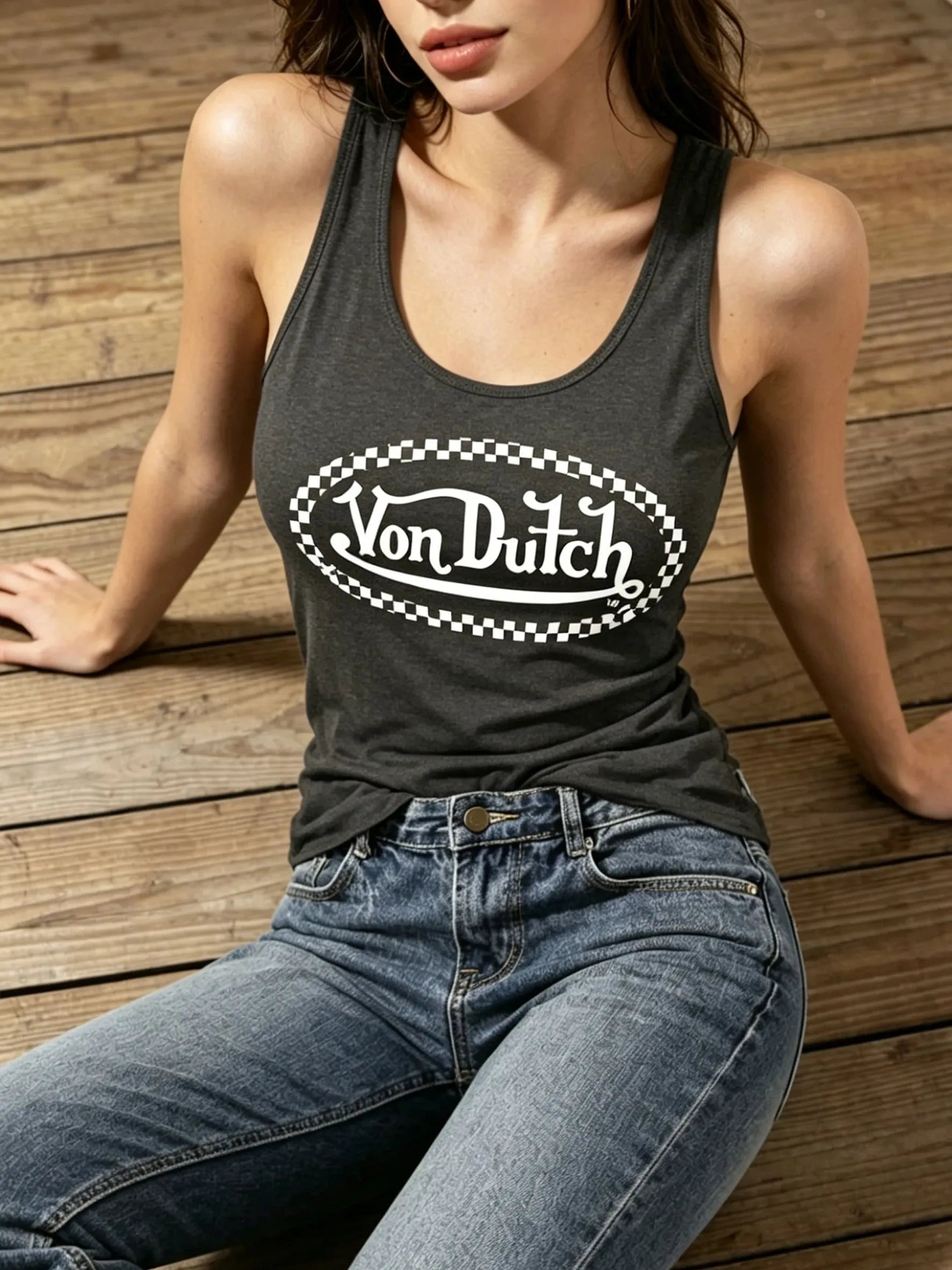 Women's Y2K American Street Retro-Style Checkered Border Printed Casual Tank Top for Summer Sports Use