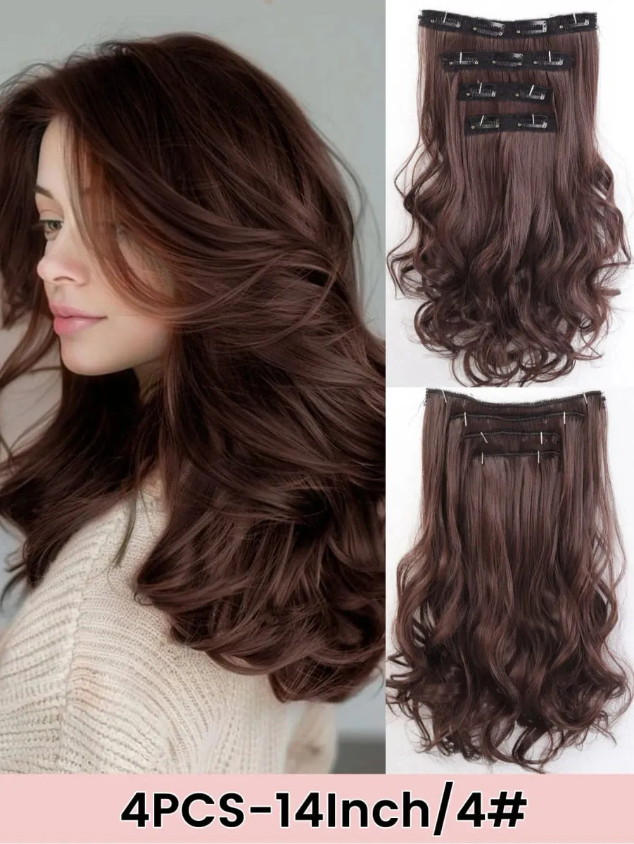 4PCS Full Head 14 Inch Long Curly Wavy Synthetic Hair Pieces Clip In Hair Extensions Natural Wavy For Women Girls Hair