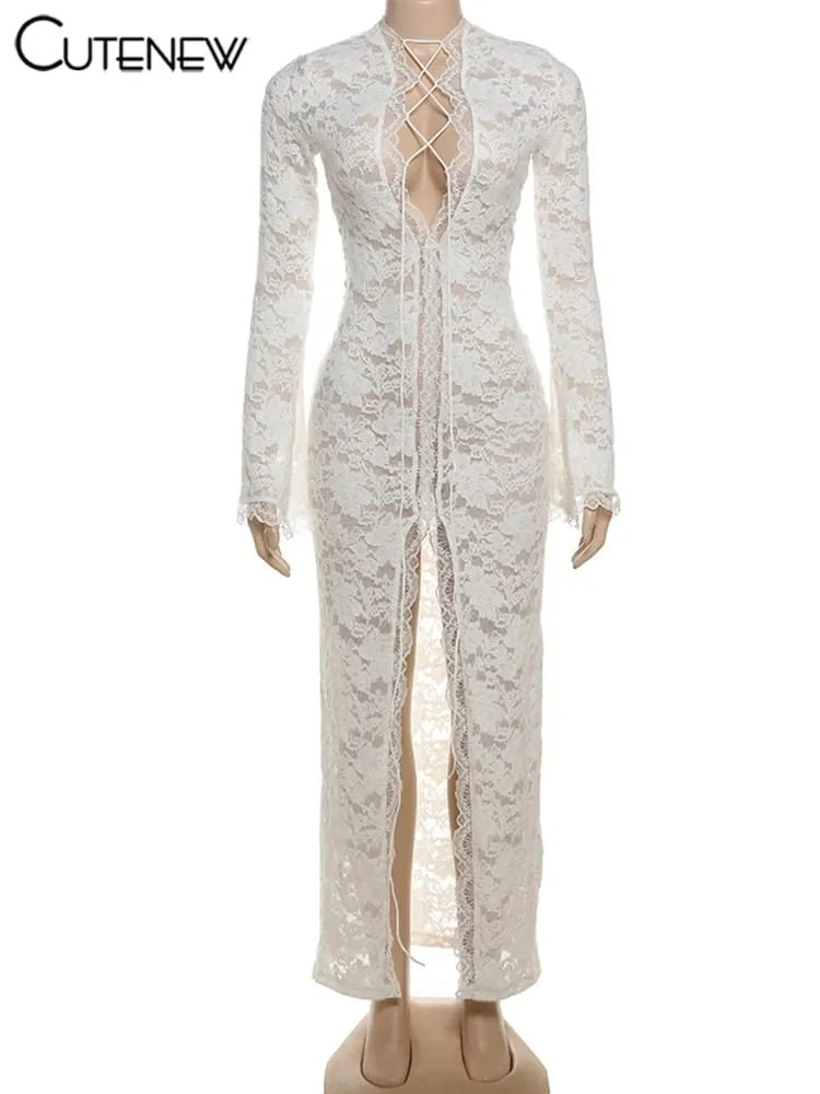 Cutenew Lace Sheer Women Maxi Dress Sexy Solid Fashion Long Sleeve O-neck Bandage Sheath Vestidos Female Stunning Nightout Robe