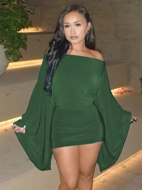 Hugcitar Solid Long Cloak Sleeve Sexy Loose Sexy Ruched Sexy Bodycon Mini Dress Fall Winter Women Fashion Outfit Party Festival — image 7