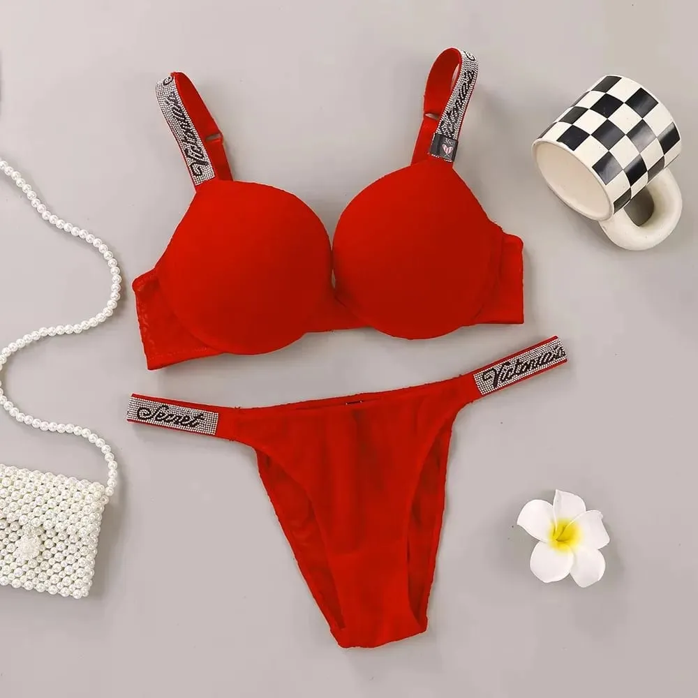Victoria Secret Sexy Lingerie Set Very Sexy Logo Shine Strap Embossed VS Lace Push Up Bra Shine Script Thong Panty