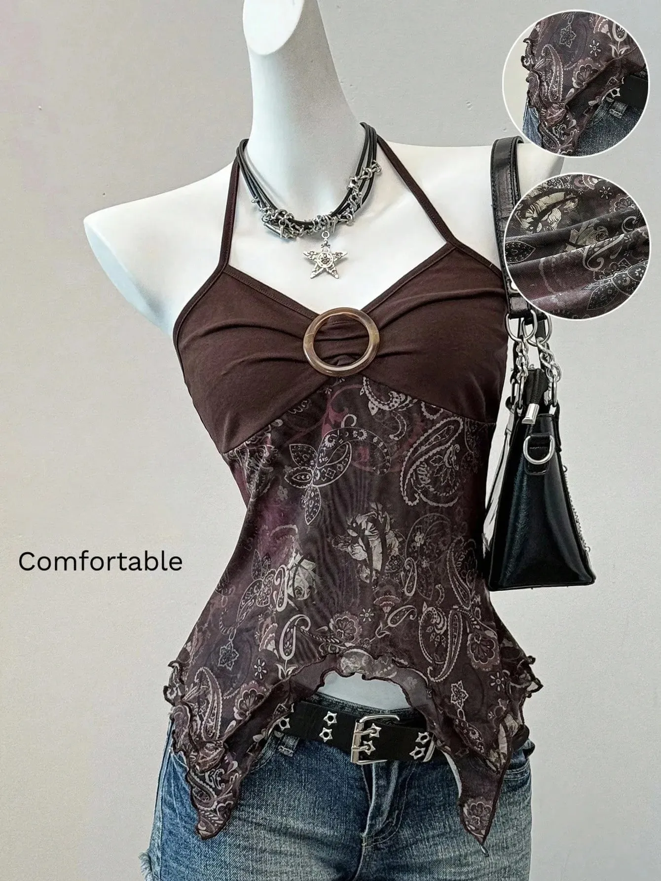 Sexy Spicy Girl Sleeveless Halter Tops Women's Printed Mesh Splice Slim Fit Backless Camisole Summer Fashion Elegant Crop Top