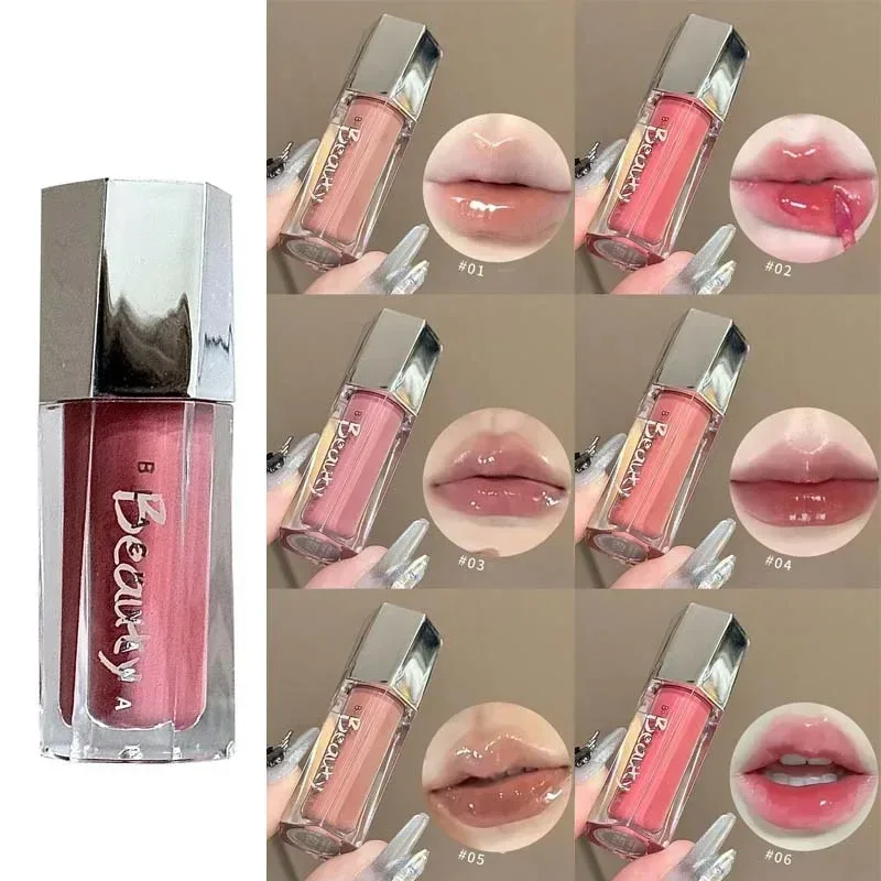 Hielo transparente marrón brillo de labios hidratante líquido brillante lápiz labial desnudo luz de agua espejo de cristal esmalte de labios maquillaje de larga duración