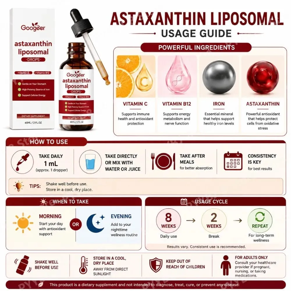 Googeer Liposomal Astaxanthin Drops with Vitamin C To Support Iron Absorption Vitamin B12 for Blood and Nerve Health 60 ML