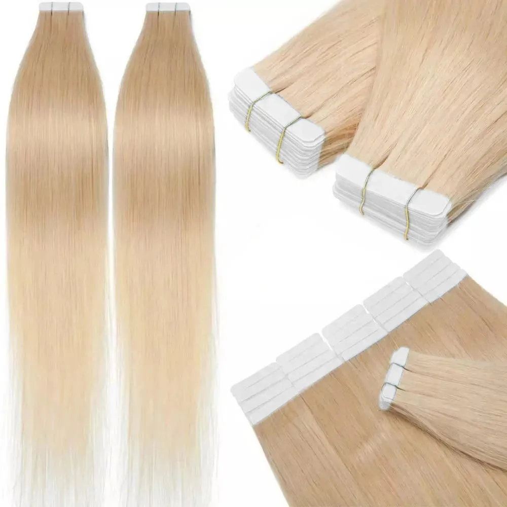 Echthaar-Extensions, Tape-Ins Nr. 613, blond, Tape-In-Haarverlängerungen, Echthaarfarbe, gebleichtes Blondes, Hauteinschlagfaden, nahtloses Tape-Ins