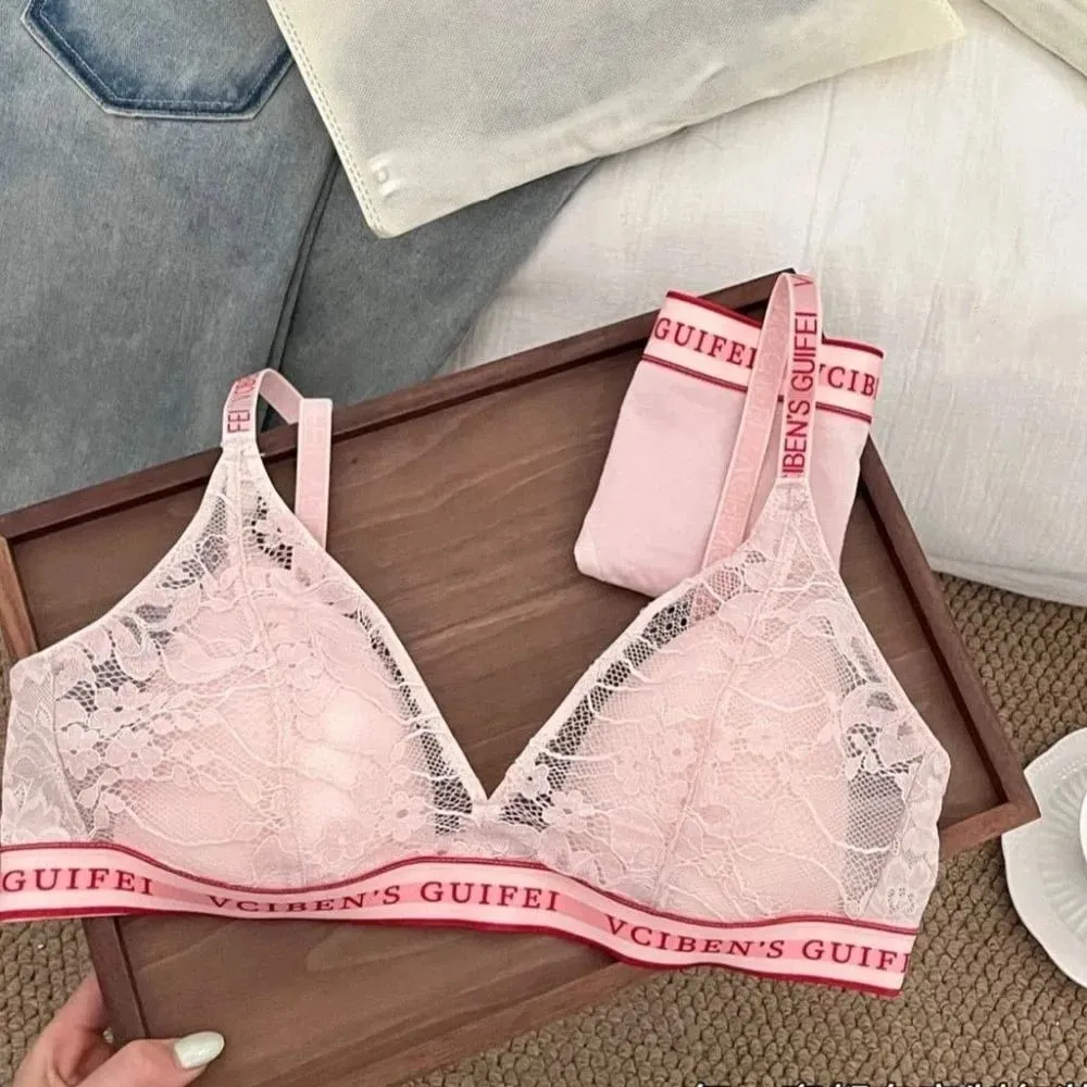 Comfortable Letter Design Lingerie Set Lace Wireless Women Underwear Suit Deep V Color Blocking Bra Panties Set Gift