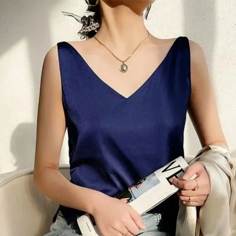 Kvinde T-shirts Elegant SILK Satin Bluse Ærmeløs Kvinde Sommer Casual Løse Tanks og Camis Ensfarvede grønne toppe til kvinder — image 5