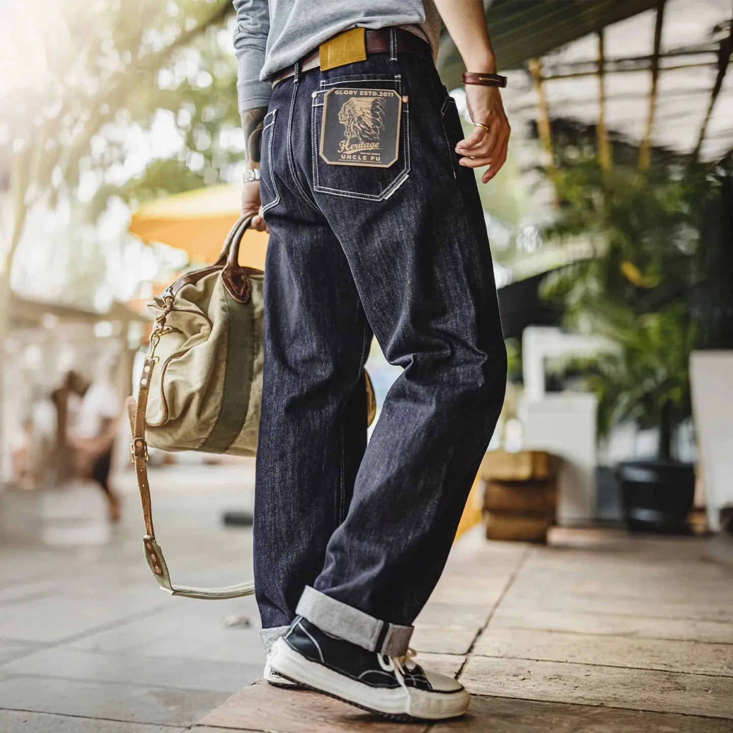 Maden Vintage 12oz One-Washed Denim Jeans for Men Straight Wide Leg Trousers Loose Fit Zip Fly Casual Pants for Fall Winter
