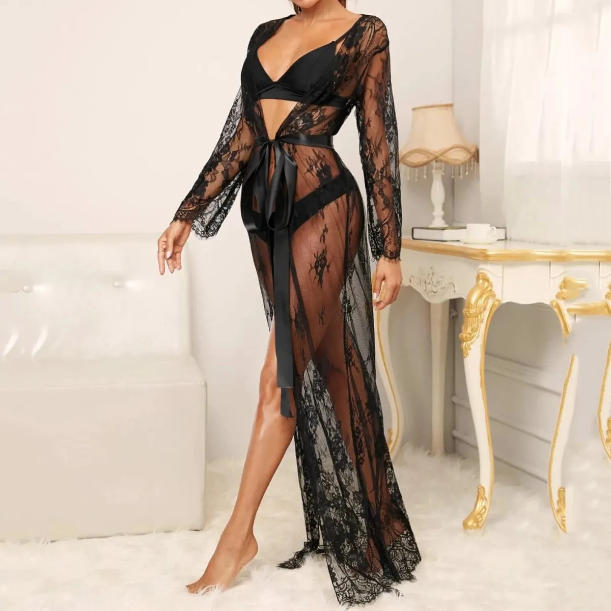 Women'S Sexy Seductive Simple Long Sleeved Lace Long Skirt Sexy Jumpsuit Sexy Lingerie For Fine Women 속옷도착증