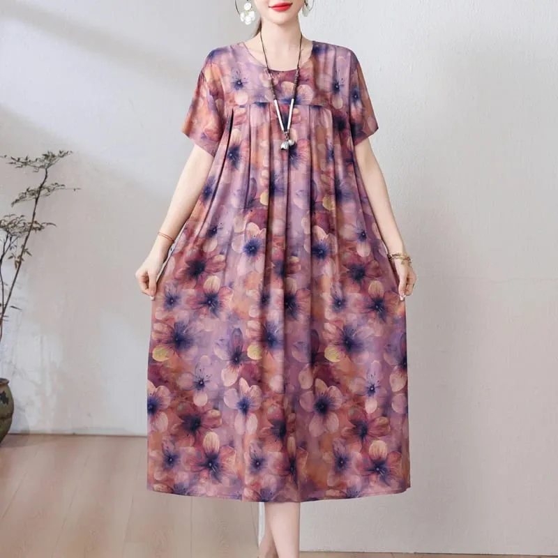 Yeni Moda Rahat 2026 Yaz Elbiseler Kadınlar Için Vintage Kısa Kollu O-Boyun Baskı Gevşek Çiçek Elbise Kadın Giysileri