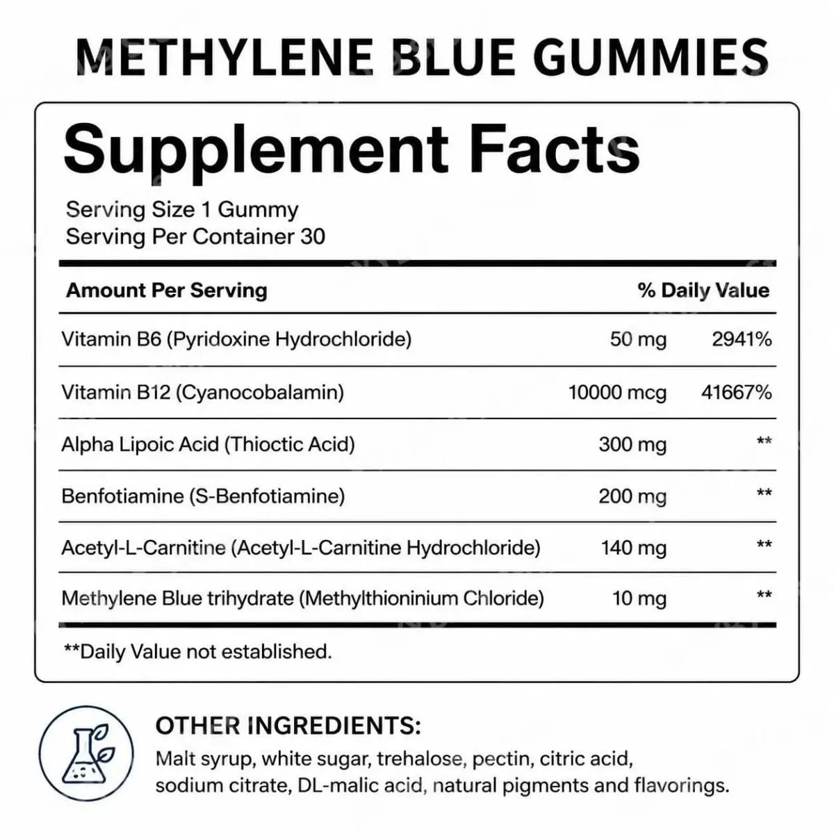 Methylene Blue Gummies with Benfotiamine Alpha Lipoic Acid Vitamin B6 & B12 for Mental Clarity and Nerve Health - 30 Gummies