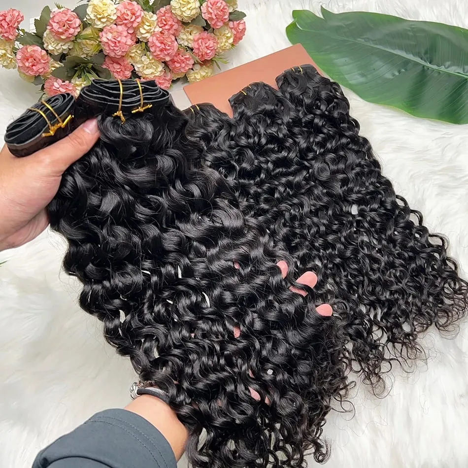 Water Wave Clips in Human Hair Extensions Seamless PU Weft Invisible 100grams 7Pcs/Set Full Unprocessed Raw Hair Natural Color