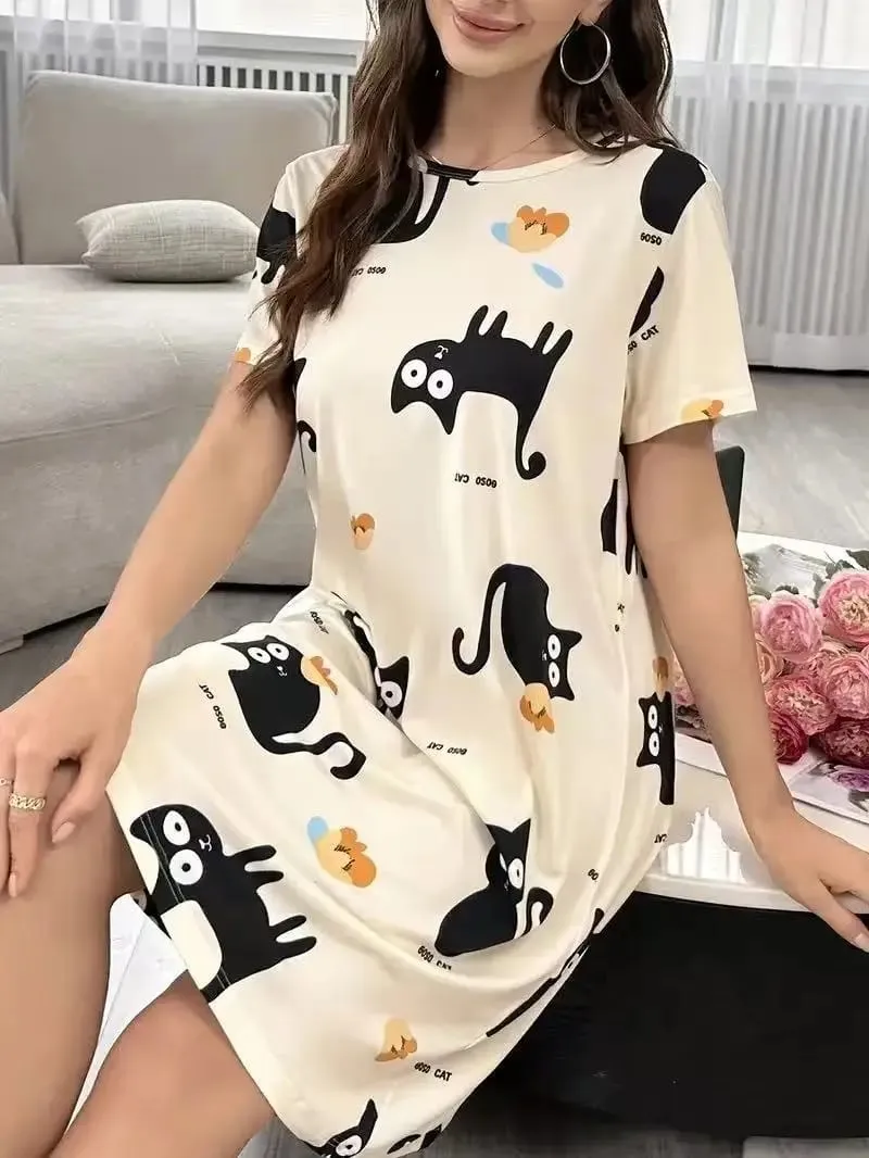 Women's Spring and Summer Cartoon Cat and Letter Print Pajamas Short-Sleeved Round Neck Dress