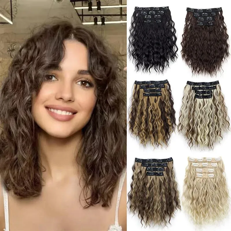 4 Pieces/Set Synthetic Clip In Hair Extensions Short Water Ripple Hair Pieces Soft Fluffy Curly Wig Fashion Hair Accessories