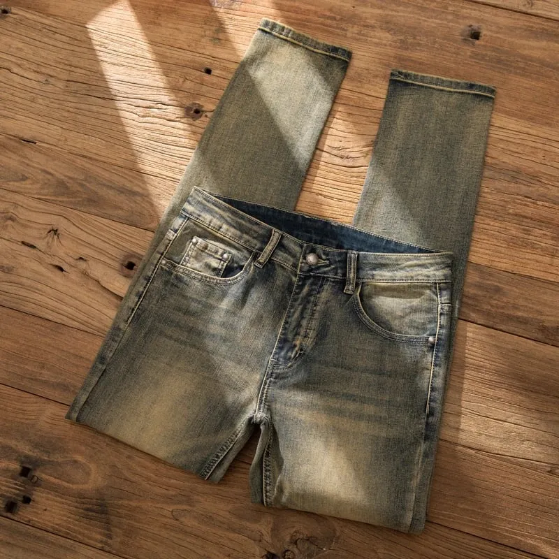 European Trendy Brand Yellow Mud Jeans Men's Retro Old Slim Fit Fashion Long Pants Autumn and Winter Thick Pants